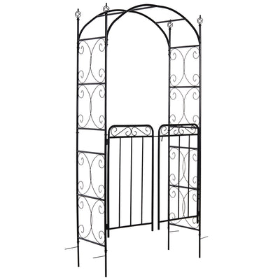 84" Garden Arch Arbor with Gate, Metal Arch Trellis, Garden Archway for Climbing Vines, Wedding Ceremony Decoration, Flourishes & Arrow Tips, Black