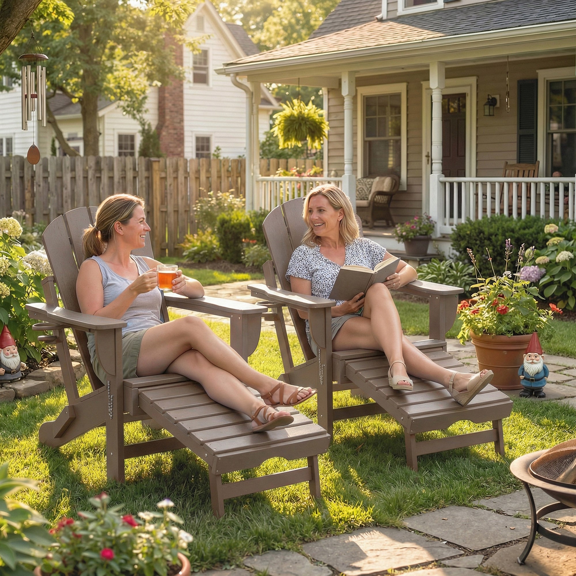 Folding Adirondack Chair Set of 2, HDPE Fire Pit Chair with Retractable Ottoman and Cup Holder