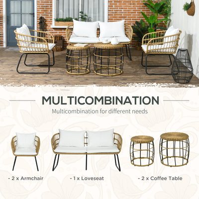 5 Piece PE Rattan Outdoor Furniture Set with Cushioned Chairs, Loveseat Sofa & Stackable Coffee Tables