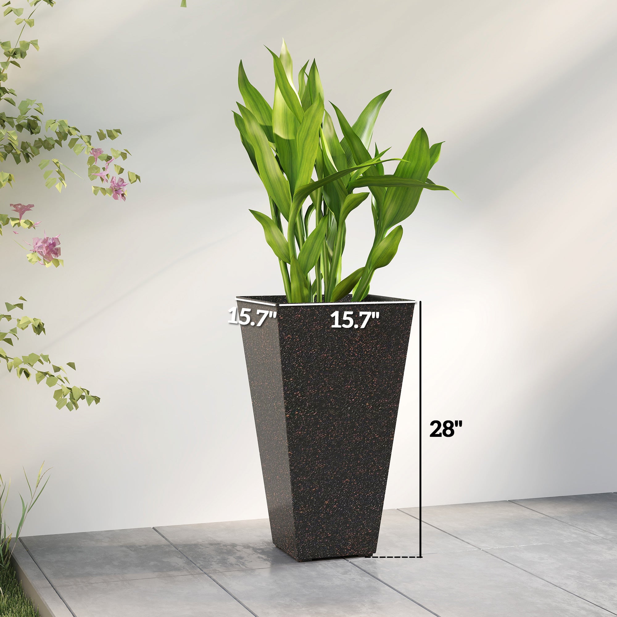 28" Tall Planters, Set of 3 Plastic Flower Pots with Marble Finish and Drainage Holes, Stackable Taper Planters, Brown