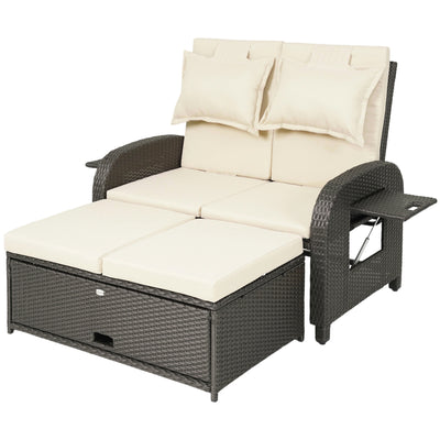 Patio Rattan Daybed, Wicker Outdoor Daybed with Storage Ottoman, Loveseat w/ Adjustable Backrest