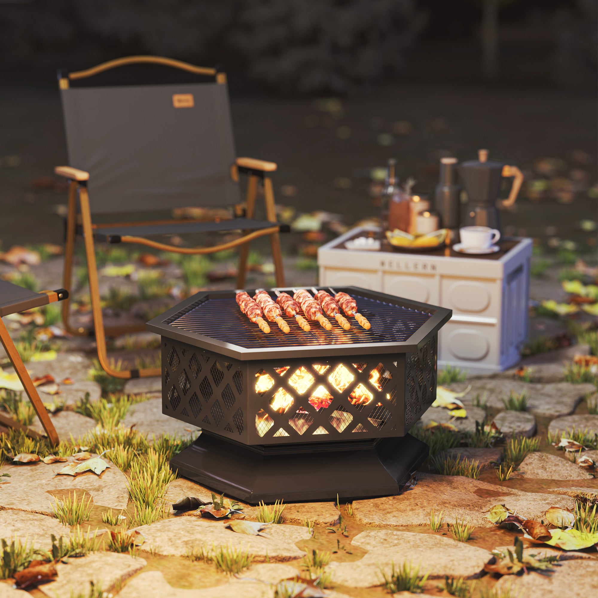 28" Outdoor Fire Pit with Grill Hexagon Fireplace Wood Burning Firepit with Cooking Grate, Fire Poker, Spark Screen Lid