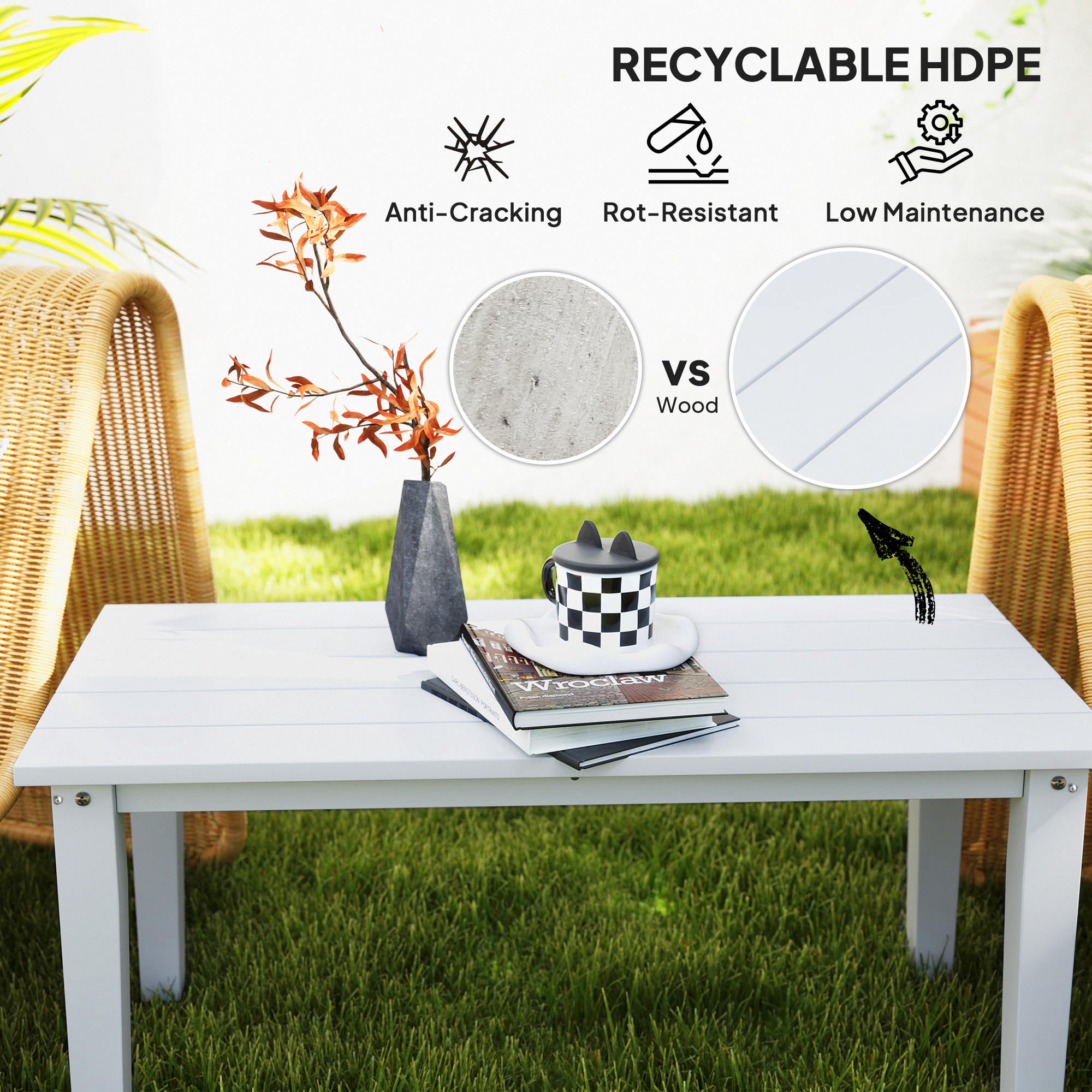 Rectangle Outdoor Coffee Table, HDPE All-Weather Outdoor Patio Table with Slatted Tabletop for Yard, Balcony