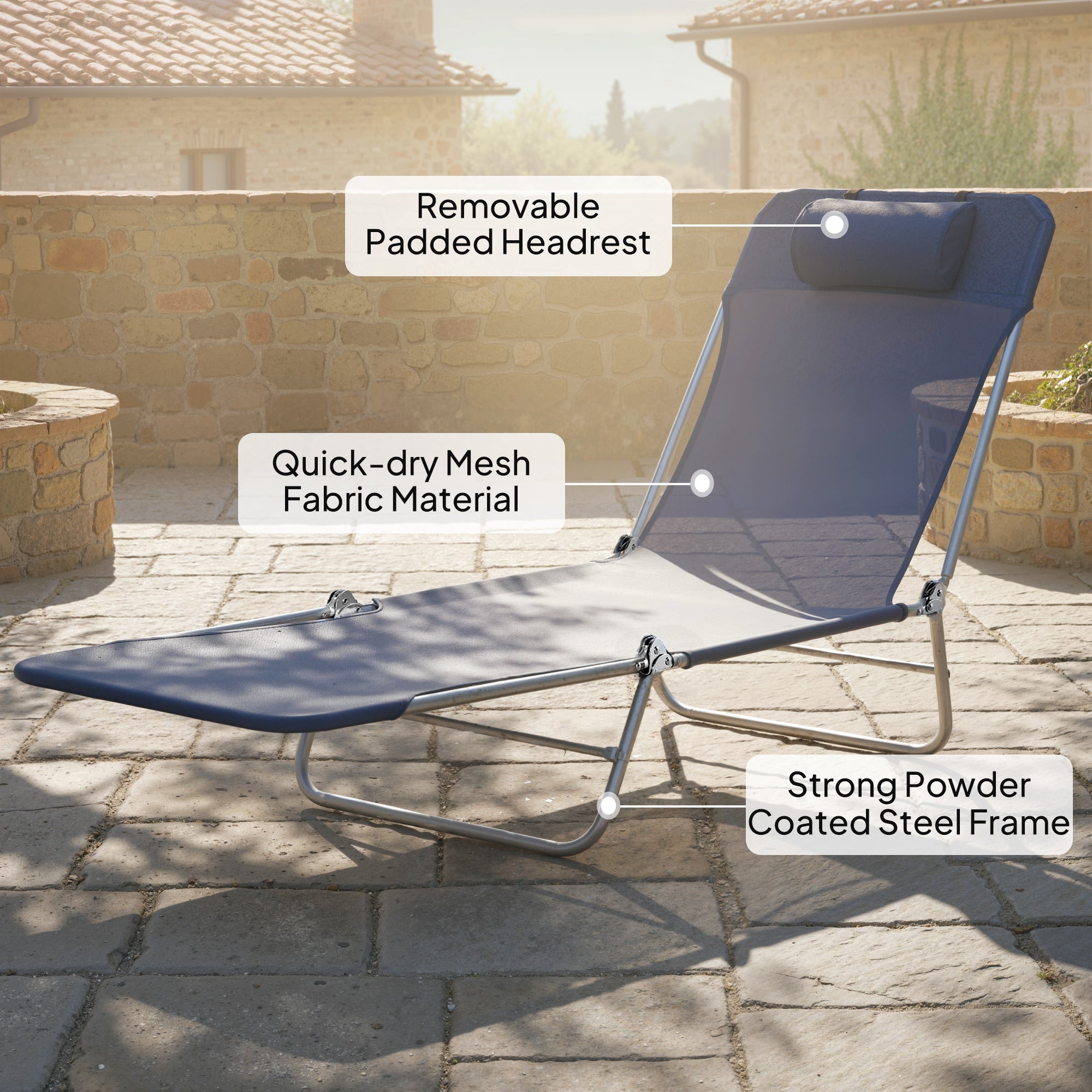 Folding Chaise Lounge Chair, Pool Sun Tanning Chair, Outdoor Lounge Chair with Reclining Back, Breathable Mesh Seat, Headrest for Beach, Yard, Patio