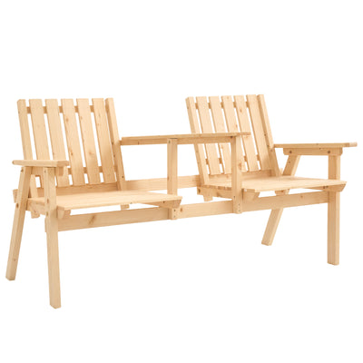 Patio Bench, Garden Bench with Middle Table and Umbrella Hole, Wooden Outdoor Bench for Patio, Porch, Poolside, Balcony, Natural