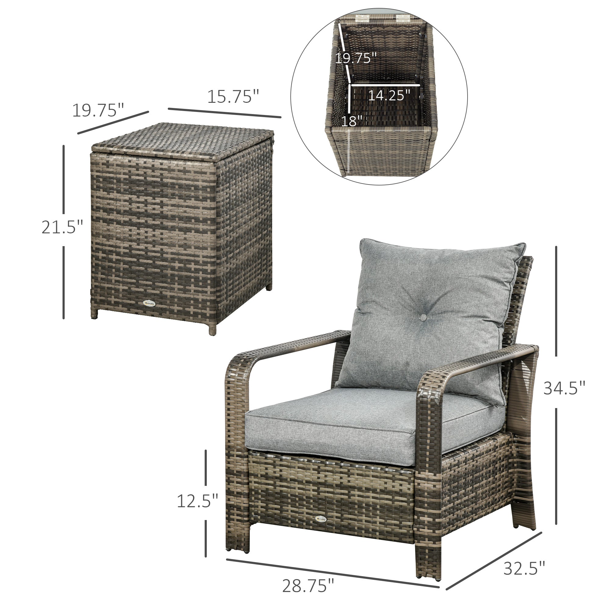 3 Piece Patio Furniture, PE Wicker Storage Table & Chairs, Gray