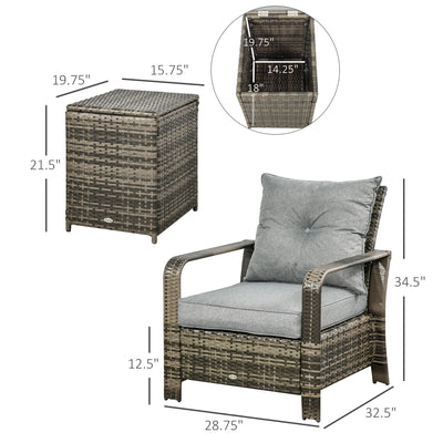 3 Piece Patio Furniture, PE Wicker Storage Table & Chairs, Gray