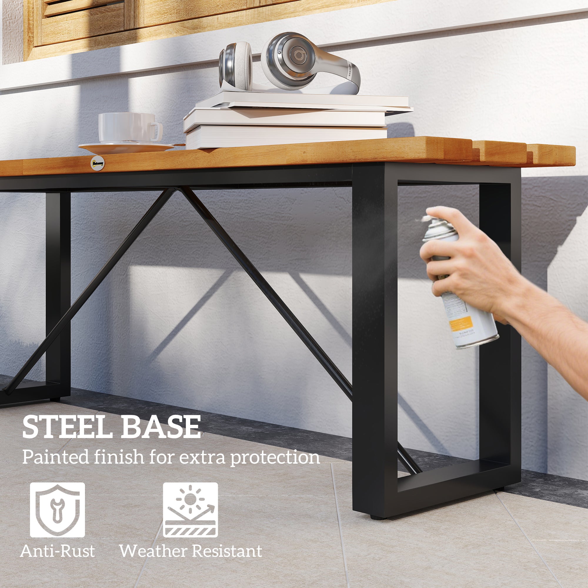 Outdoor Bench, 2-Person Backless Garden Bench, Acacia Wood Patio Bench Loveseat with Slatted Seat for Porch, Park, Teak