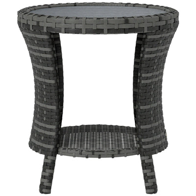 18" Wicker Outdoor Coffee Table, PE Rattan Patio Side Table with 2-Tier Storage, Composite Wood Top