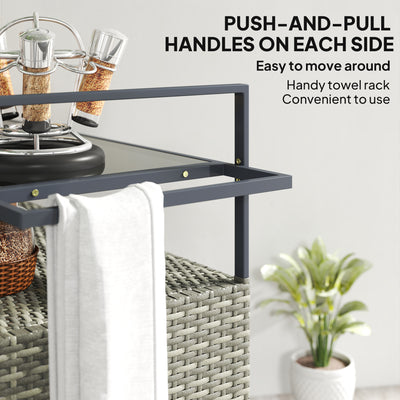 2-Tier Shelf PE Rattan Outdoor Bar Table, Glass Top Outdoor Serving Cart with Cabinet