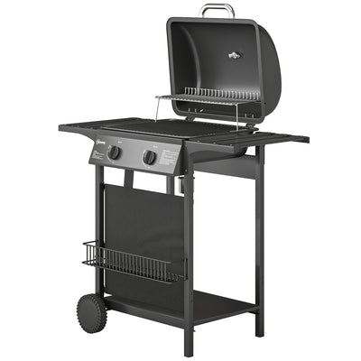 2 Burner Propane Gas Grill, 18000 BTU BBQ Grill with Wheels, Warming Rack, Shelf, Thermometer, Grease Cup, Black