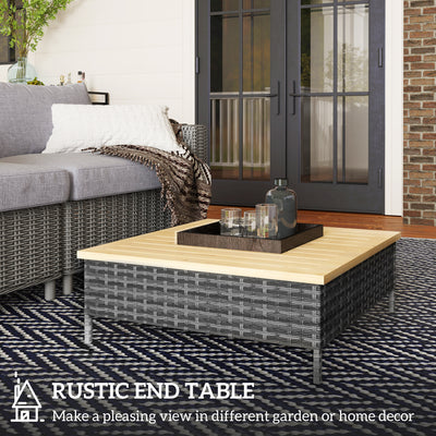 Outdoor Side Table with PE Rattan, Patio End Table with Natural Fir Wood Top, Weather Resistant Accent Table for Patio Pool Porch, Gray