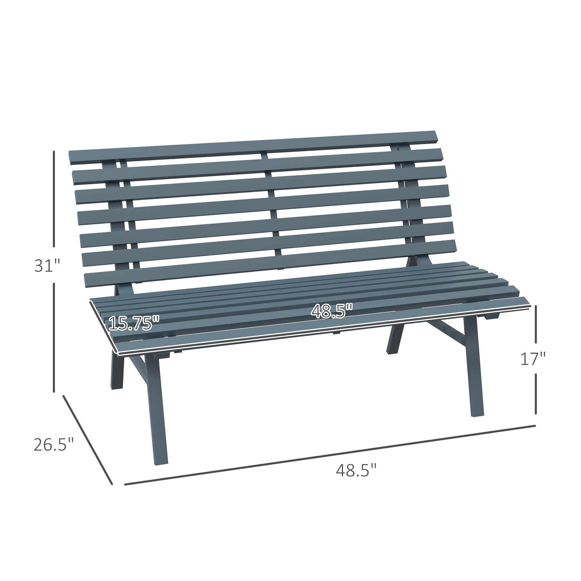 Outdoor Bench Patio Bench, Aluminum Lightweight Park Bench with Slatted Seat for Lawn, Park, Deck, Blue