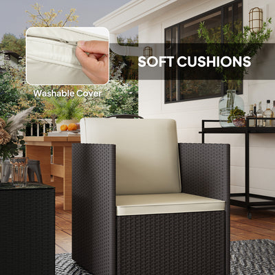 Folding Wicker Bistro Set, 3 Piece Patio Furniture Set with Cushions and Glass Coffee Table for Porch, Balcony