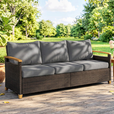 3 Seater Outdoor Couch Sofa, PE Wicker Patio Sofa, Wide Deep Seat, 4" Cushions, Wood-Effect Armrests Legs