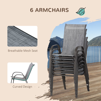 8 Pieces Patio Furniture Set with 9Ft Patio Umbrella, Outdoor Dining Table and Chairs, 6 Chairs, Push Button Tilt and Crank Parasol, Tempered Glass Top, Gray