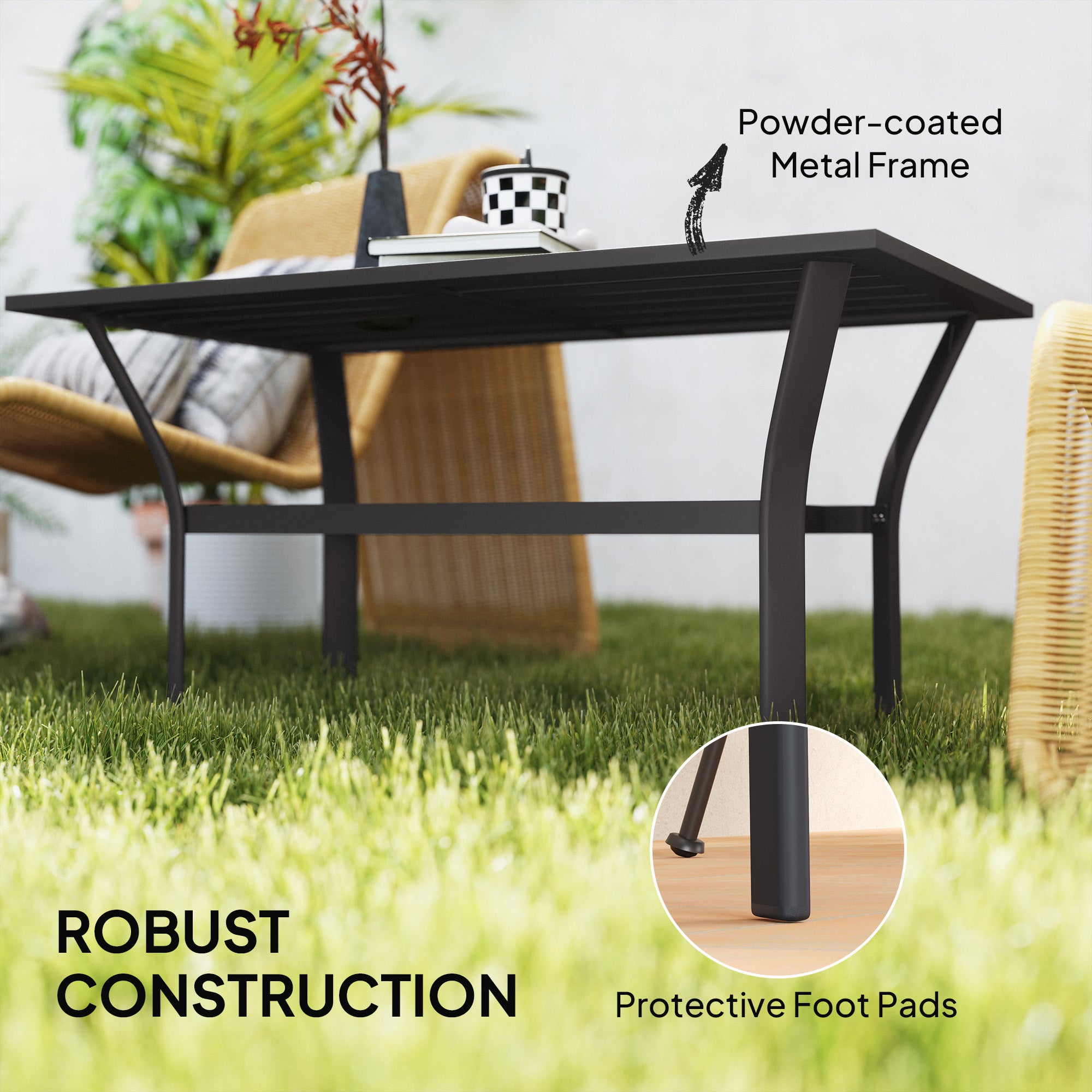 Outdoor Coffee Table with Slatted Tabletop, All-Weather Rectangle Metal Patio Coffee Table for Garden