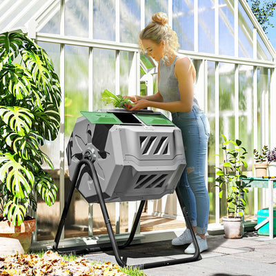 Tumbling Compost Bin Outdoor 360° Dual Chamber Rotating Composter 43 Gallon