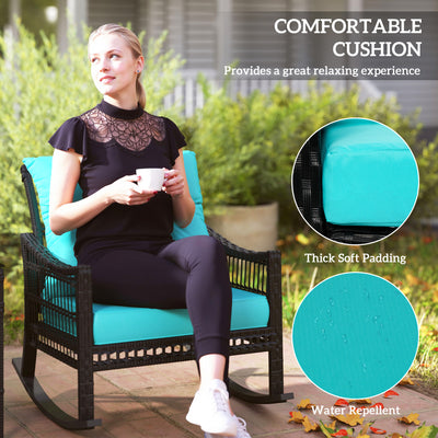 3 Piece Outdoor PE Rattan Rocker Chair Set, Rocking Chair with Tempered Glass Table Top