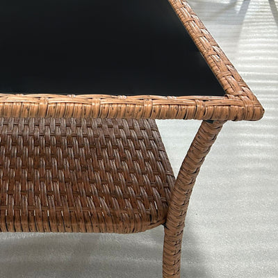 Rattan Side Table, Outdoor End Table with Storage Shelf, Aluminum Frame Square, Coffee Table with Tempered Glass Top