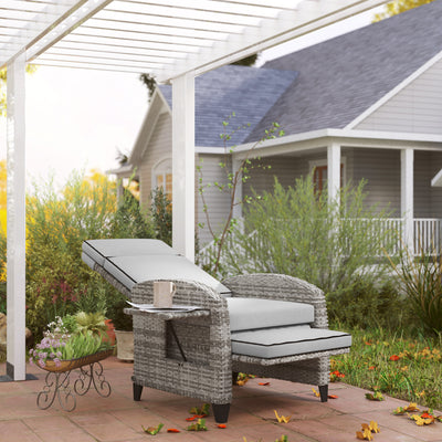 Outdoor Recliner Chair with Cushions, Reclining Patio Lounge Chair with Adjustable Footrest, Armrests, Tray Table