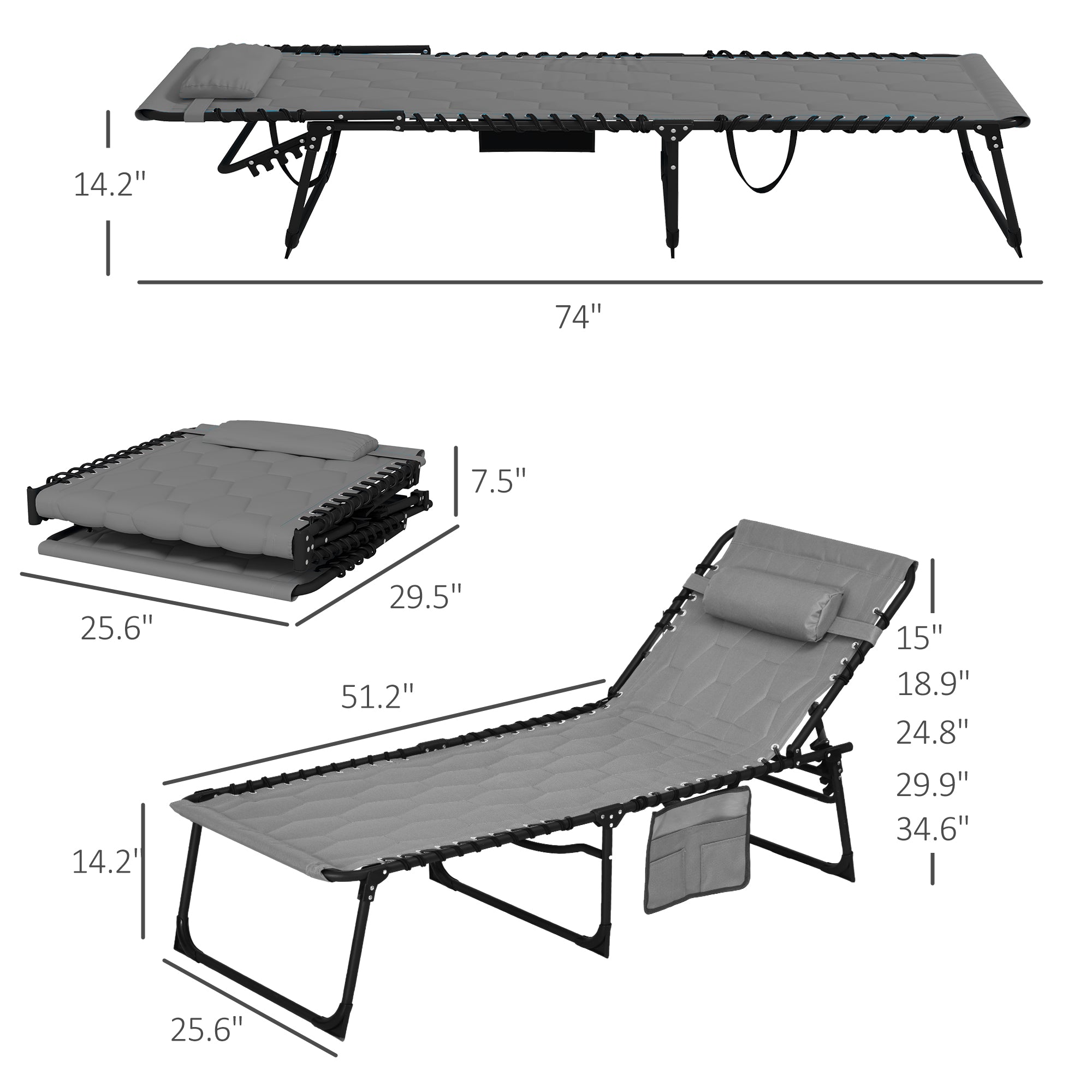 Folding Chaise Lounge Set with Reclining Back, 25.6" x 74" x 14.2"