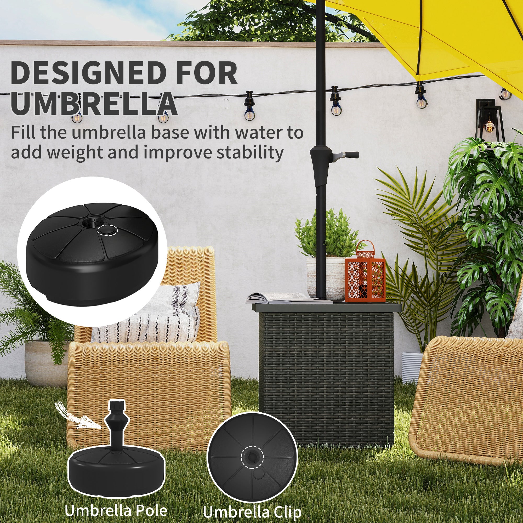 Wicker Side Table with 1.5" Umbrella Hole, Square Outdoor End Table with UV-Resistant Frame, Storage Space