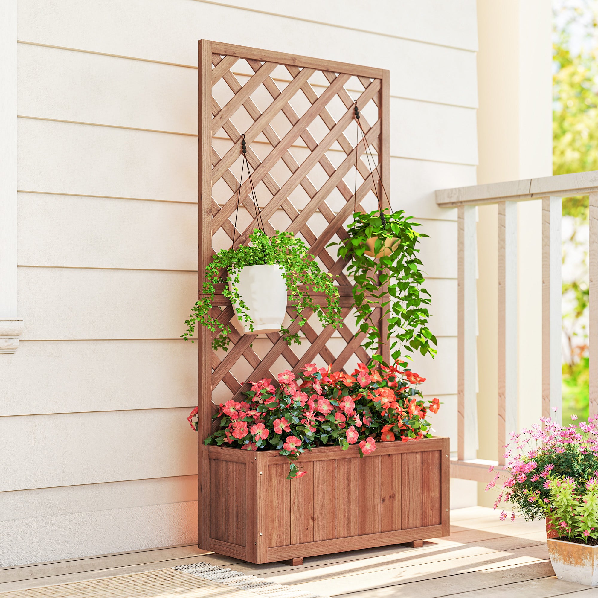 Wooden Raised Garden Bed, Raised Planter Box, Planter with Trellis for Climbing Plants Flowers