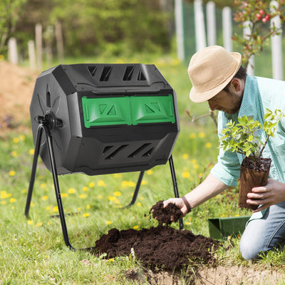 Tumbling Compost Bin Outdoor 360° Dual Chamber Rotating Composter 43 Gallon