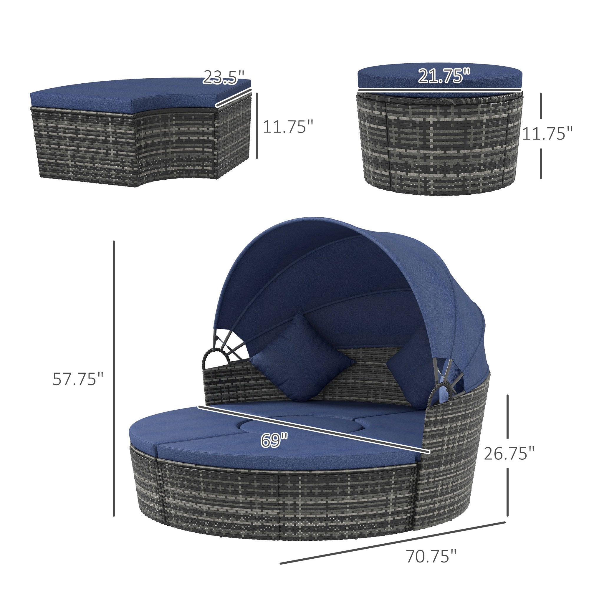 4-Piece Round Convertible Daybed with Cushions, Outdoor PE Rattan Patio Wicker Sofa Set, Sunbed with Adjustable Sun Canopy, Sectional Sofa, 2 Chairs, Table, 3 Pillows