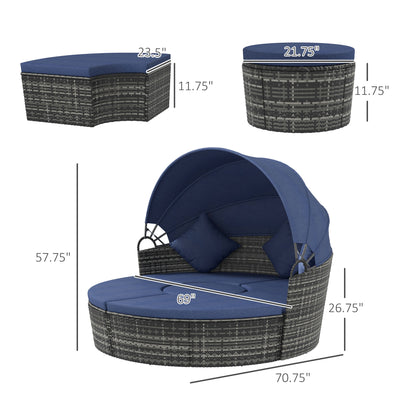 4-Piece Round Convertible Daybed with Cushions, Outdoor PE Rattan Patio Wicker Sofa Set, Sunbed with Adjustable Sun Canopy, Sectional Sofa, 2 Chairs, Table, 3 Pillows