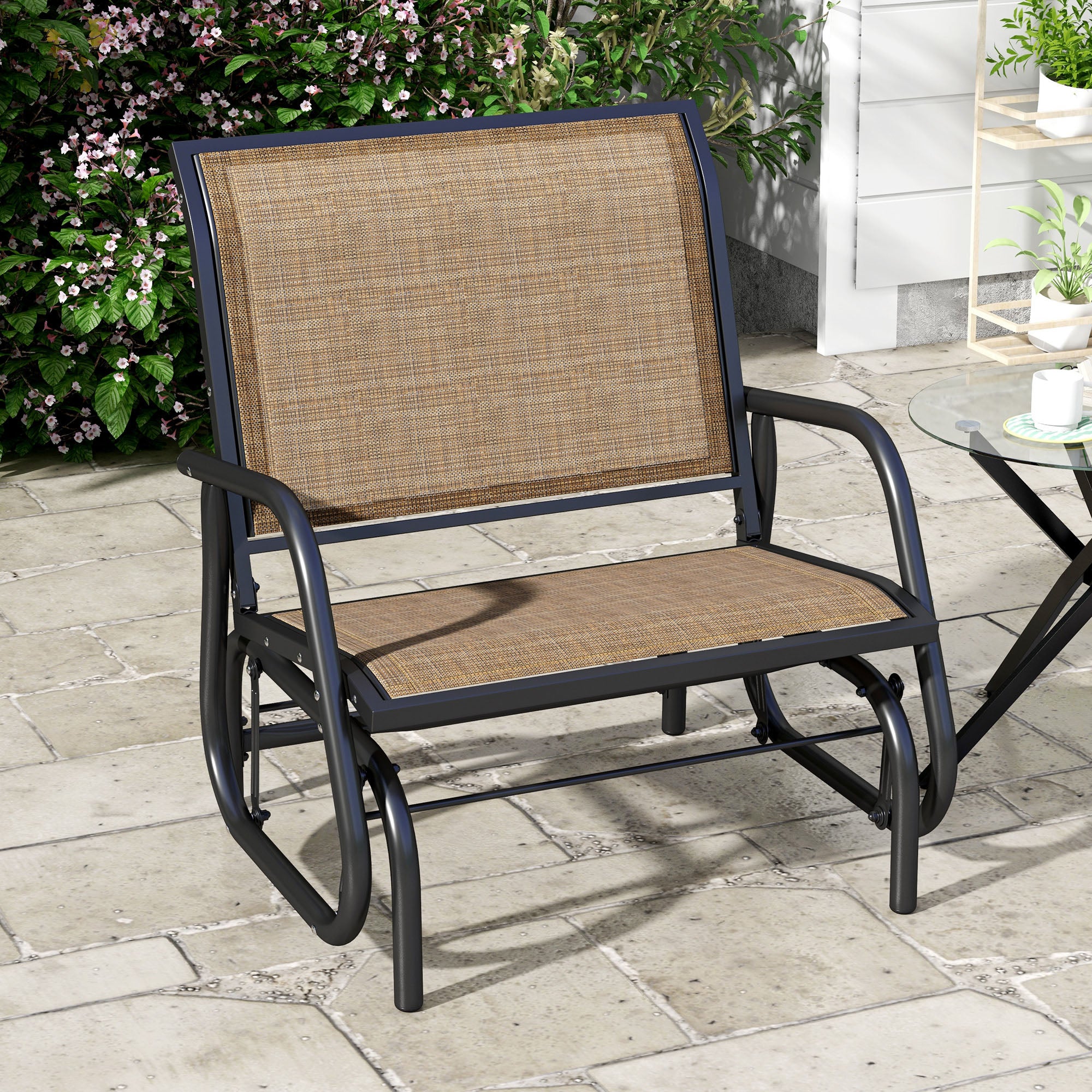 Outdoor Glider Chair, Steel Swing Chai with Curved Armrests for Porch, Garden, Poolside, Balcony