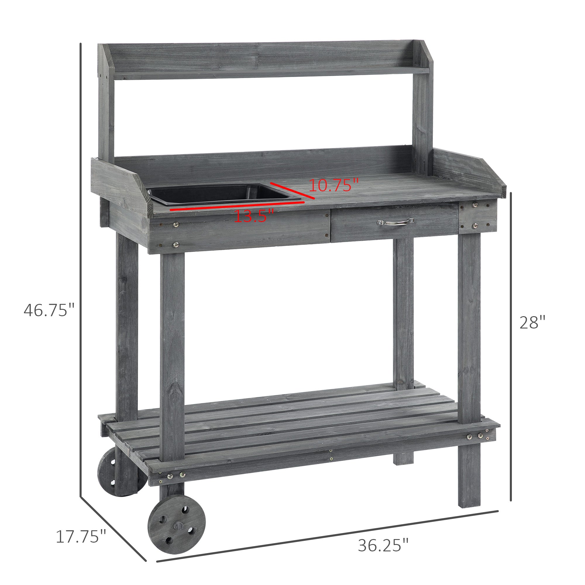 36'' Wooden Potting Bench Work Table with 2 Removable Wheels, Sink, Drawer & Large Storage Spaces