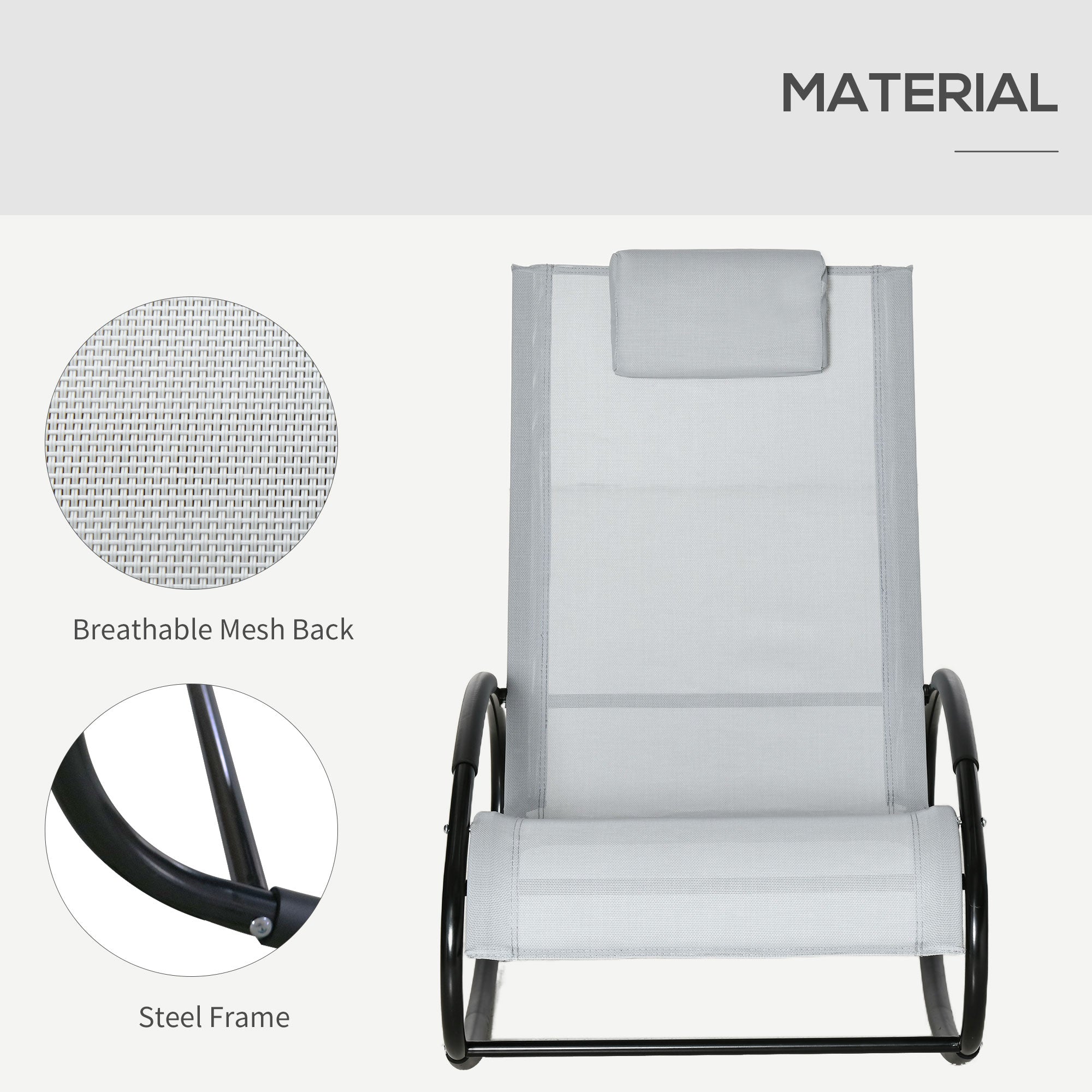 Pool Lounger, Outdoor Rocking Lounge Chair for Sunbathing, Pool, Beach, Porch with Pillow and Cool Mesh, Sun Tanning Rocker