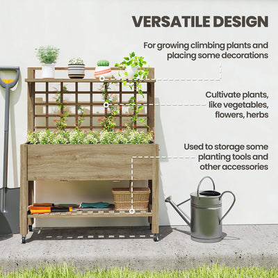 41" Raised Garden Bed Mobile Elevated Wooden Planter Box Stand with Wheels, Trellis and Storage Shelf