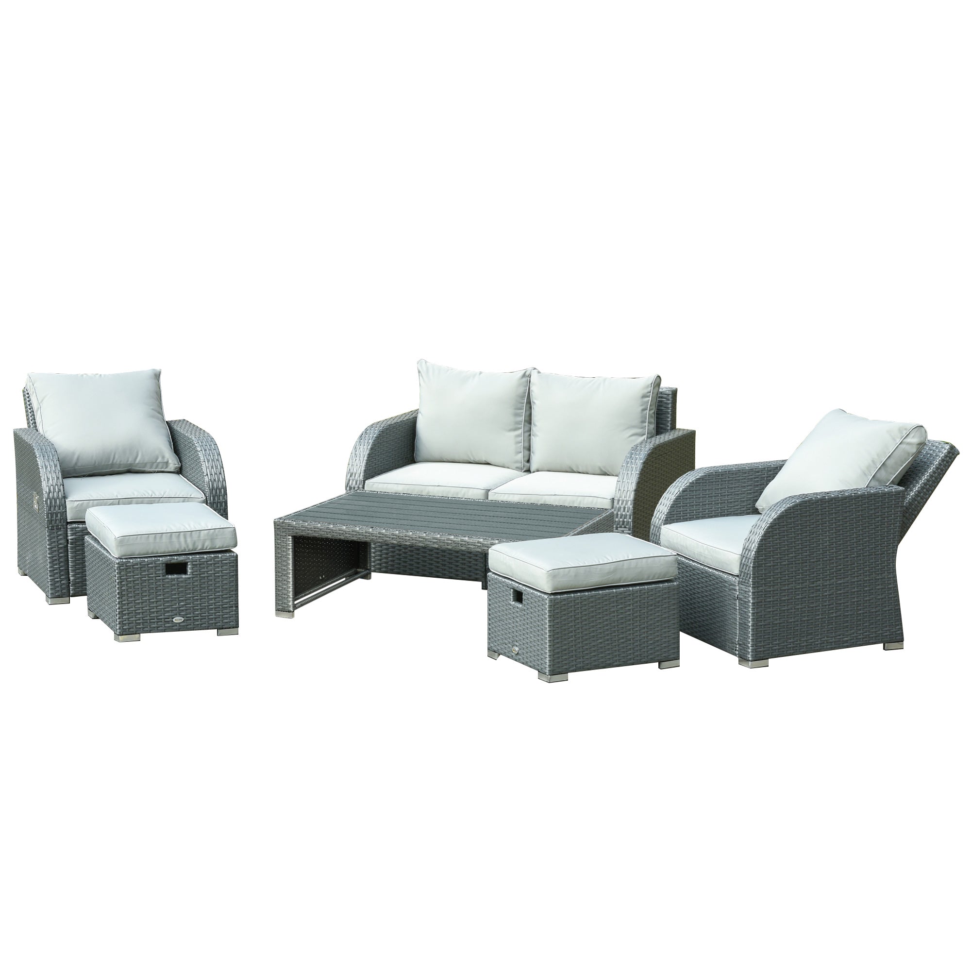 6-PCs Patio Furniture Sets Outdoor Wicker Sofa Set Rattan Angle Adjustable Recline Single Chair Conversation Set, Ottomans, w/ Polyester Tea Table Gas Spring  & Soft Washable Cushions, Grey