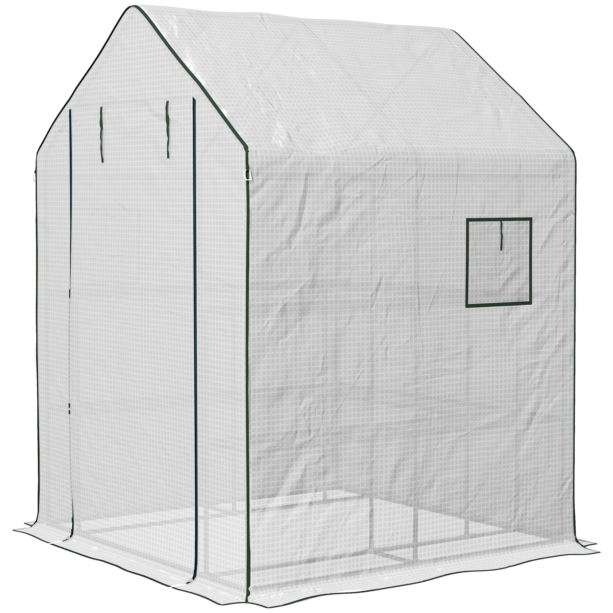 4.6' x 4.7' Portable Greenhouse, Water/UV Resistant Walk-In Small Outdoor Green House with 2 Tier U-Shaped Flower Rack Shelves, Roll Up Door & Windows