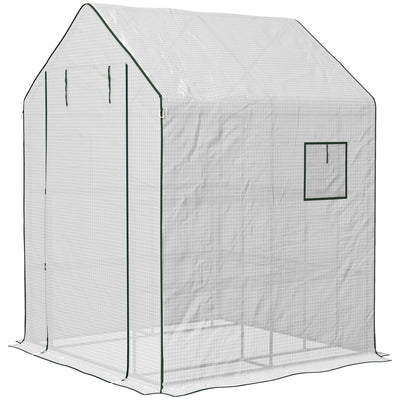 4.6' x 4.7' Portable Greenhouse, Water/UV Resistant Walk-In Small Outdoor Green House with 2 Tier U-Shaped Flower Rack Shelves, Roll Up Door & Windows