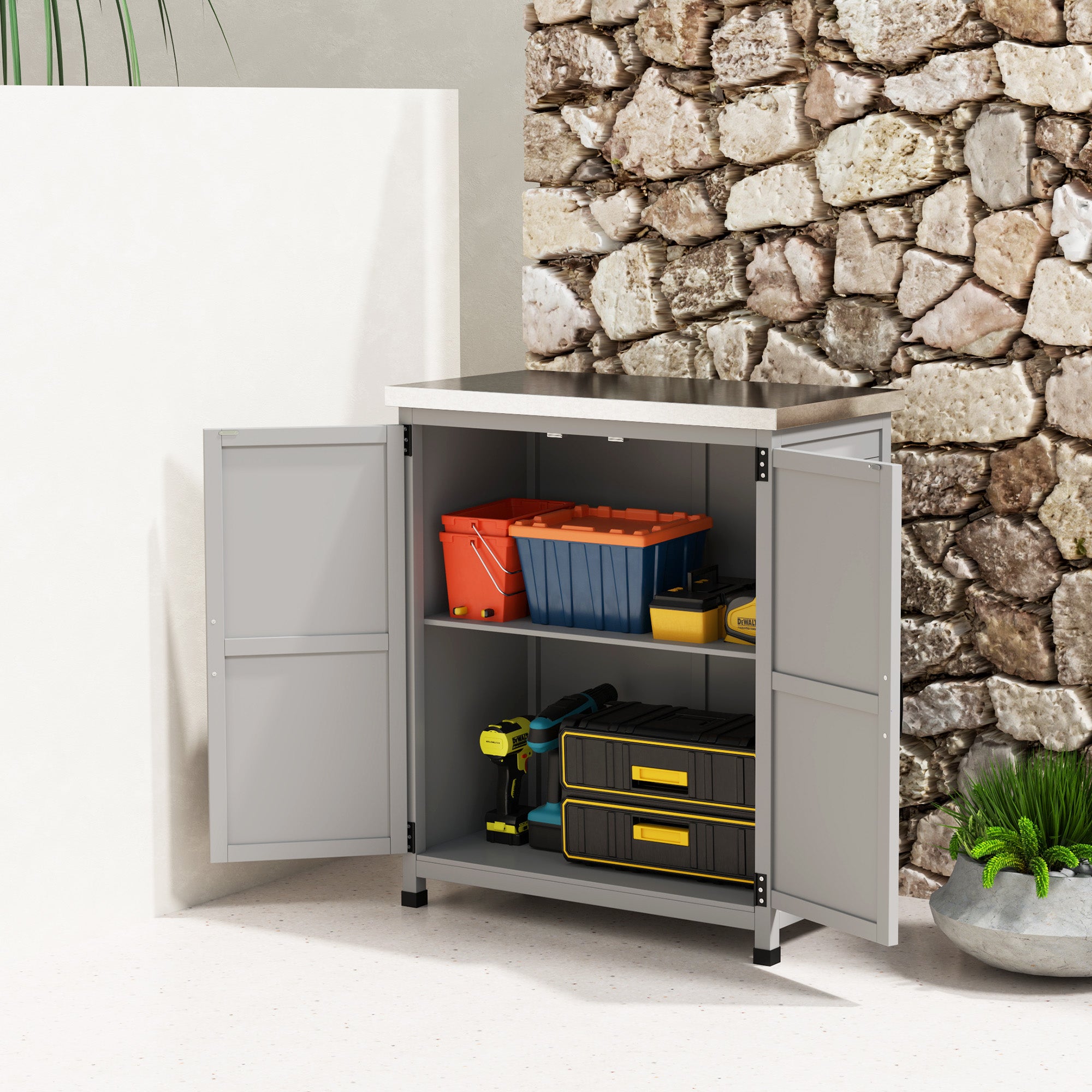 Wooden Storage Cabinet, Outdoor Prep Table with Metal Tabletop, Shelves and Double Doors for Patio, Garden