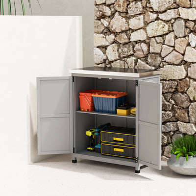 Wooden Storage Cabinet, Outdoor Prep Table with Metal Tabletop, Shelves and Double Doors for Patio, Garden