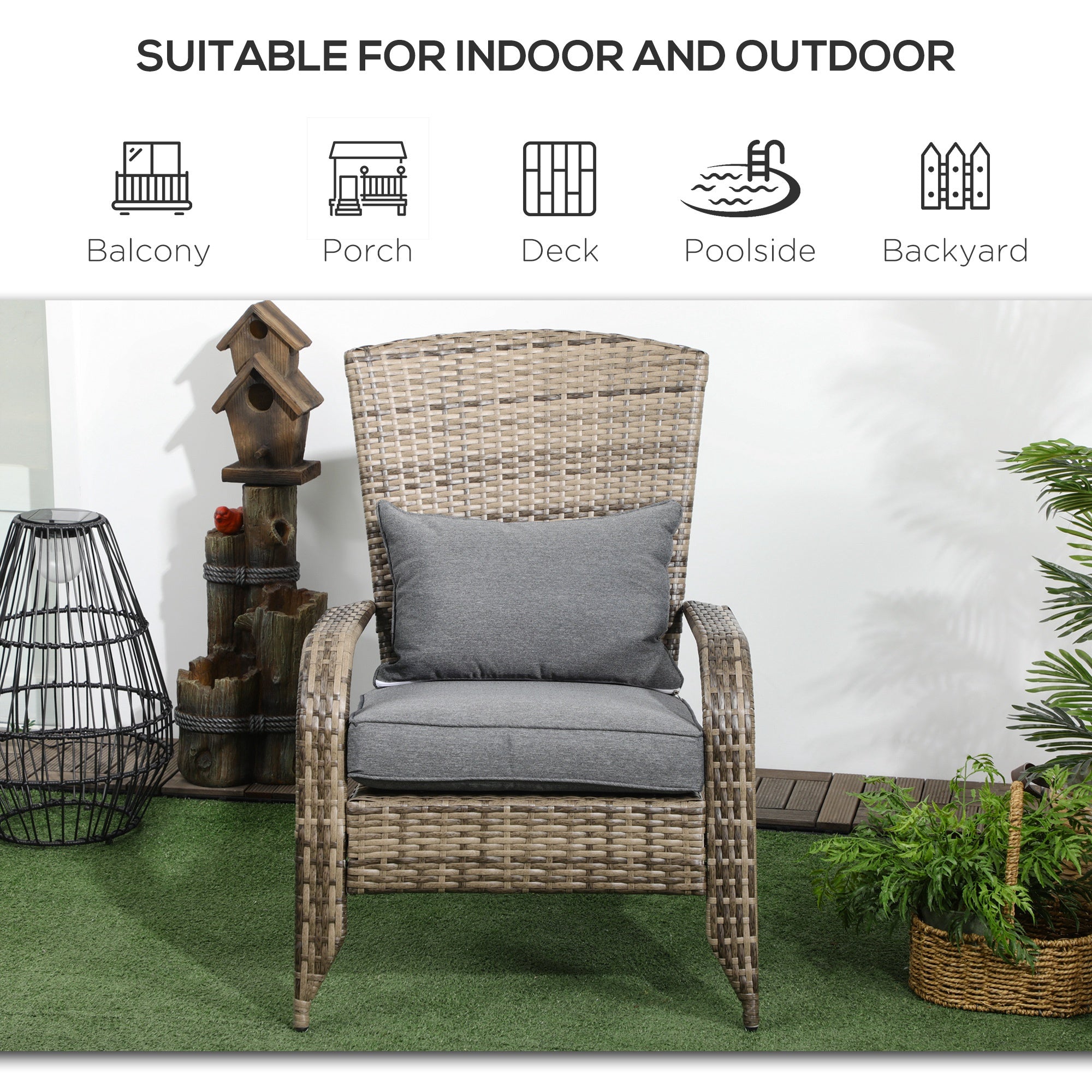 Patio Wicker Adirondack Chair, Outdoor All-Weather Rattan Fire Pit Chair w/ Soft Cushions, Tall Curved Backrest and Comfortable Armrests for Deck or Garden, Mixed Tan/Dark Gray