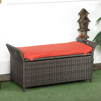 29 Gallon Patio Wicker Storage Bench, Outdoor PE Rattan Patio Furniture, 2-In-1 Large Capacity Rectangle Garden Storage Box with Handles and Cushion, Red