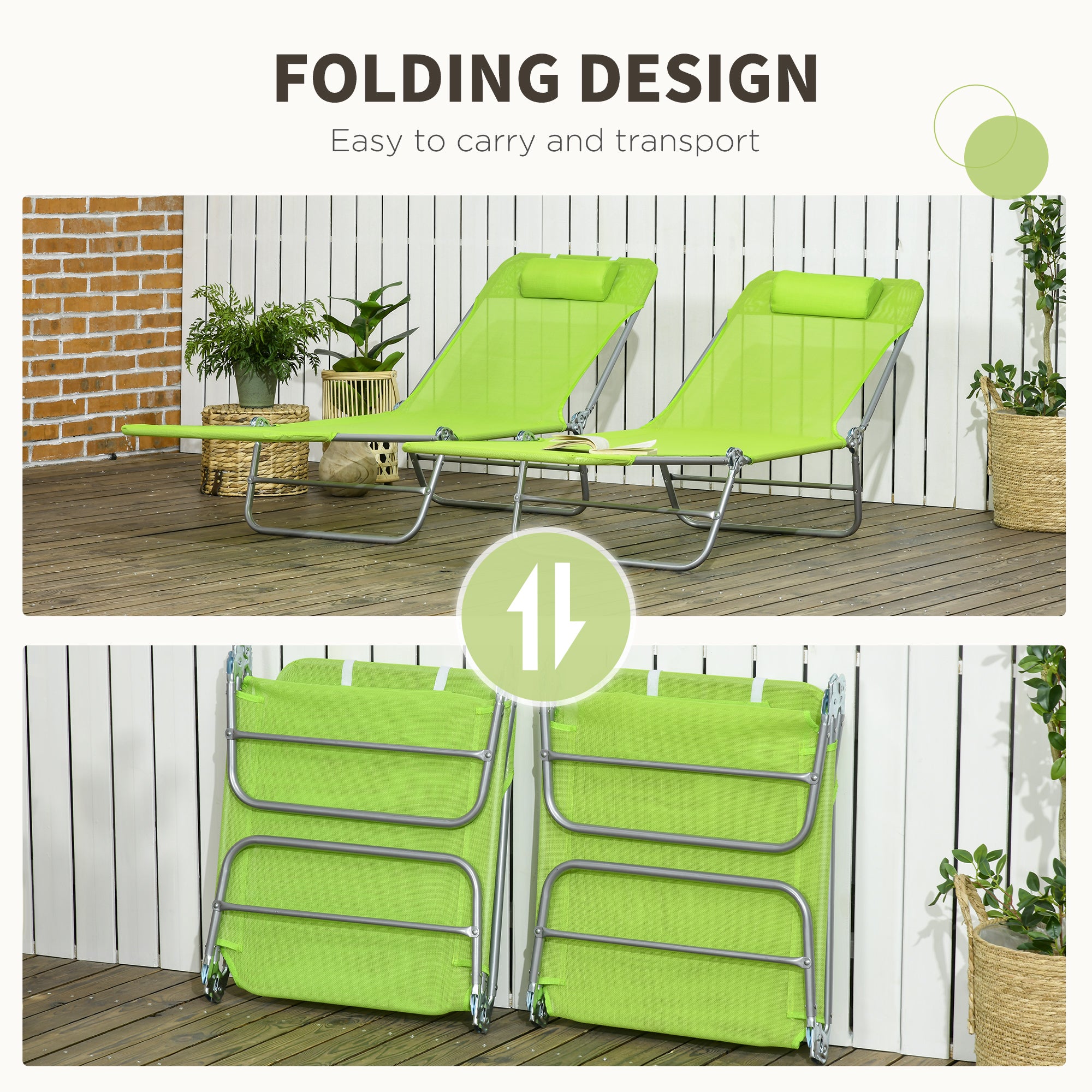 2 Piece Folding Chaise Lounge Chairs, Pool Sun Tanning Chairs with Reclining Back, Breathable Mesh Seat