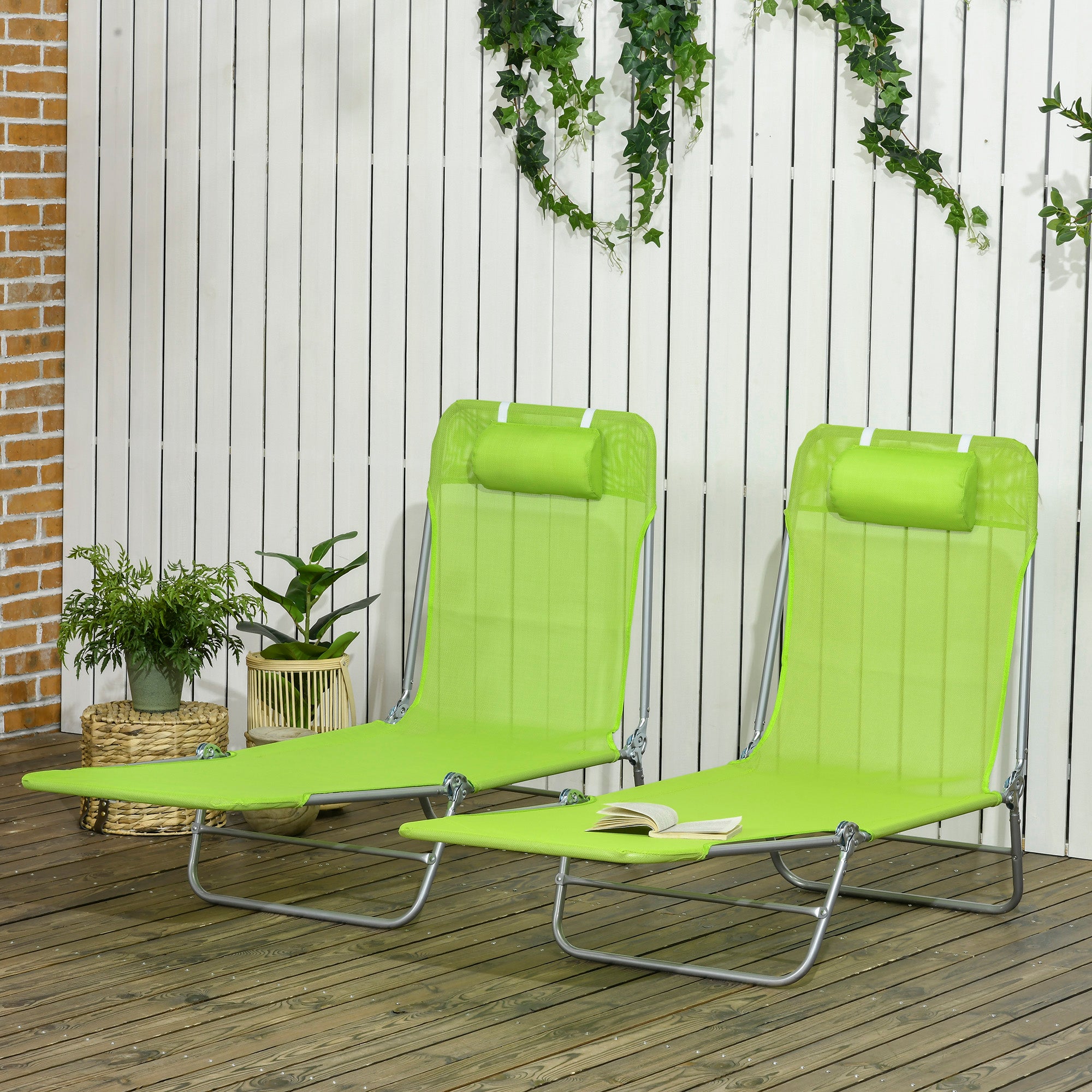 2 Piece Folding Chaise Lounge Chairs, Pool Sun Tanning Chairs with Reclining Back, Breathable Mesh Seat