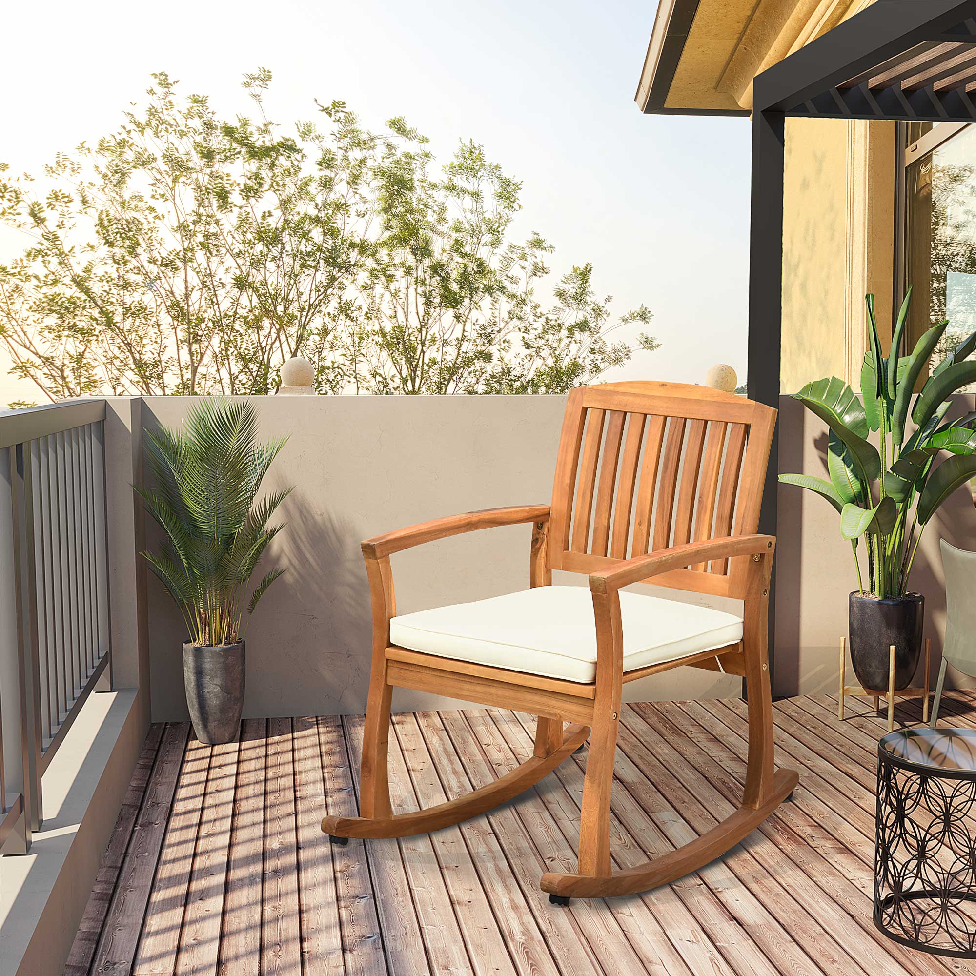 Outdoor Rocking Chair with Cushion, Acacia Wood Patio Rocker for Backyard, Patio, Home, Teak Tone