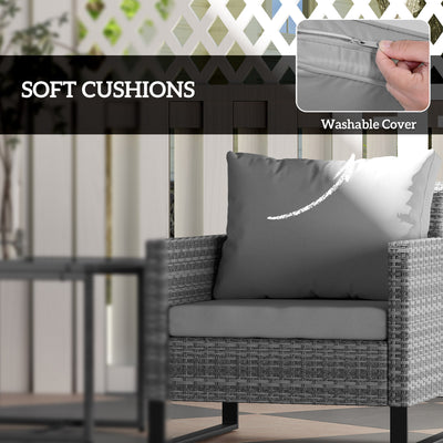 3PCS Patio Set, Wicker Bistro Set with Cushions, Rattan Chairs, Glass Coffee Table for Backyard, Porch, Balcony, Gray