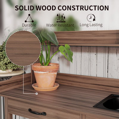 Potting Bench Table with Removable Sink, Outdoor Work Bench Table with Storage Cabinet, Hooks, Faucet and Drawer for Greenhouse, Garden, Patio
