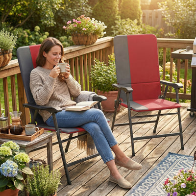 Folding Patio Chairs Set of 2, Padded High Back Lawn Camping Chairs with Armrests, 600D Oxford Fabric