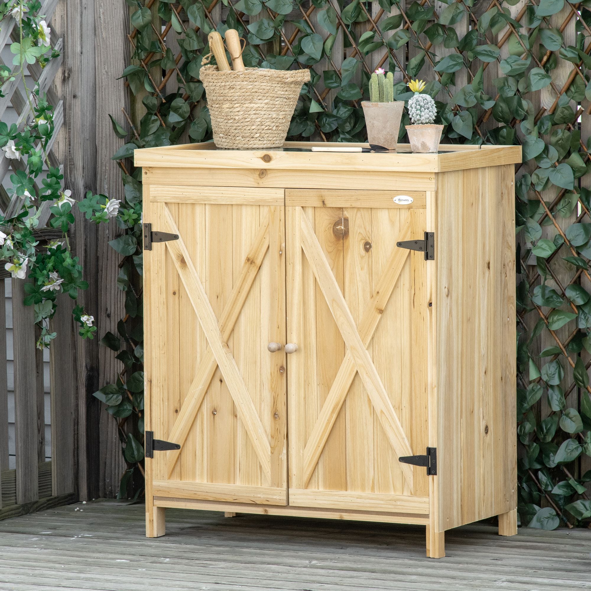 Outdoor Storage Cabinet, Outdoor Tool Shed with Galvanized Top and Two Shelves for Yard Tools or Pool Accessories