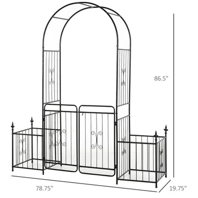 86" Garden Arch Arbor, Metal Arch Trellis with Gate and Planter Baskets, Garden Archway for Climbing Vines, Wedding Ceremony Decoration, Flourishes & Arrow Tips, Black